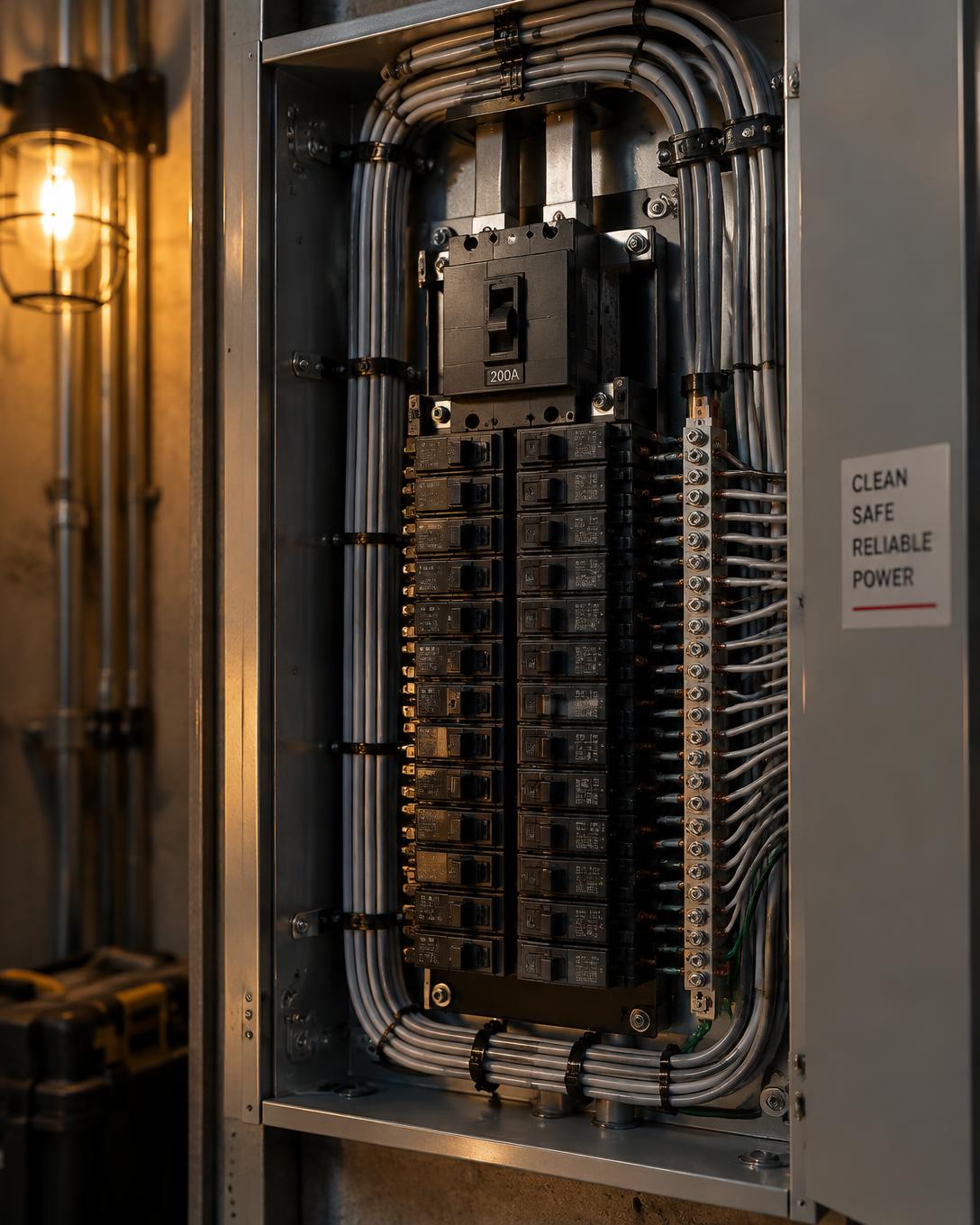 Freshly installed electrical panel with neatly bundled cabling
