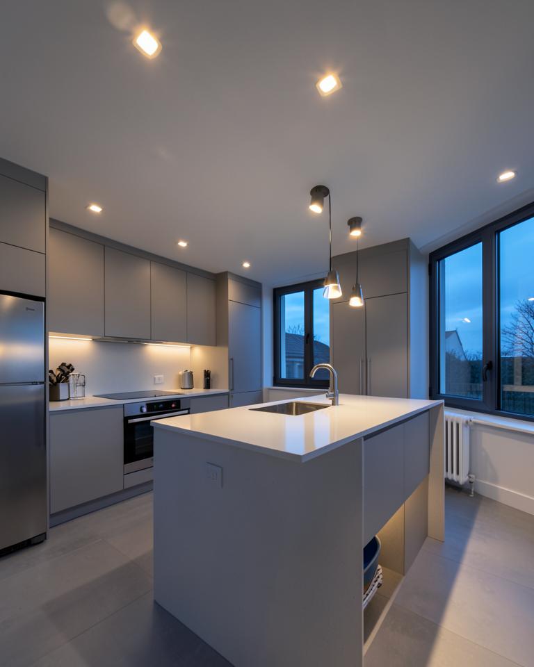 Recessed pot lights installed in a modern kitchen
