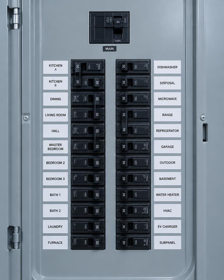 Tidy residential breaker panel with labelled circuits